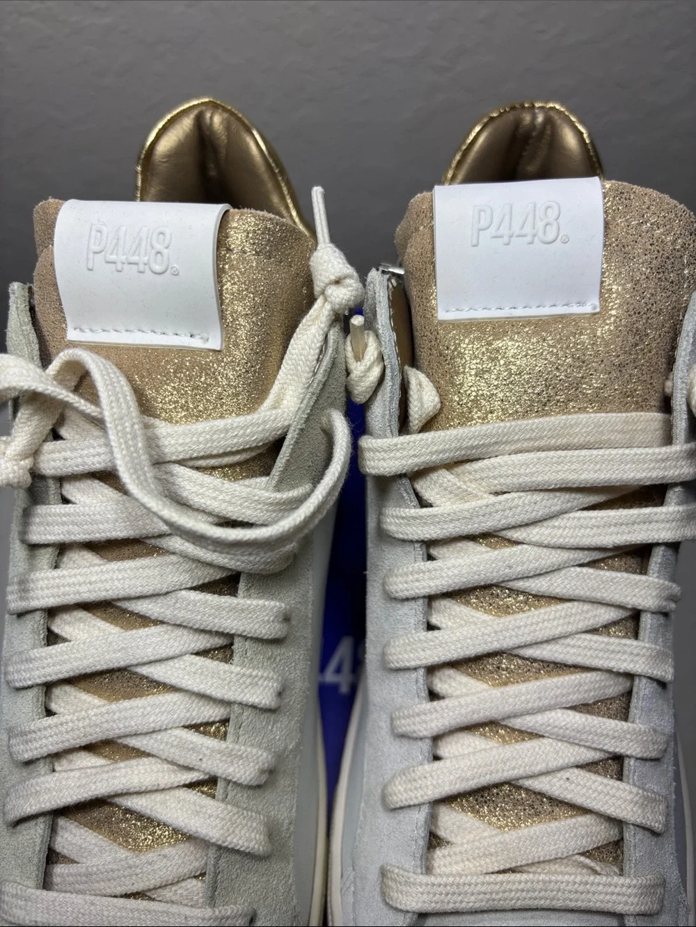 P448 Thea Mid Top Platform Sneakers White Leather Gold Glitter Millenium 40 NIB